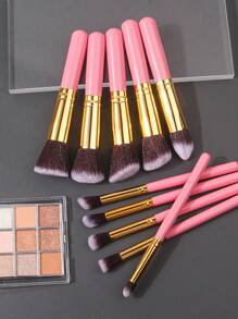10pcs Premium Wooden Handle Makeup Brushes Set, Including Blush, Powder, Setting, Contour, Eyeshadow, Concealer Brushes, Multi-Functional & Portable - Pink - View 6