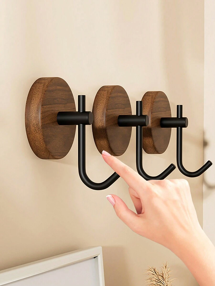 1pc Walnut Wood Door Mounted Hook With Adhesive, Single Wall Hook For Hanging Clothes Without Drilling, Adhesive Hooks, Towel Hanger Rack, Bedroom Wall Decor, Hangers, Hooks, Hanger, Back To School, Shelves, Organization And Storage, Key Holder, Key Holder Wall, Key Hanger, Sticker Hook, Door Hanger, Room Decor Bedroom, Kitchen Accessories