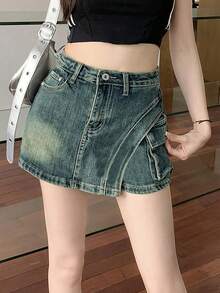 女士实用口袋不对称下摆休闲牛仔半身裙 - 淺色水洗藍 - 查看 5