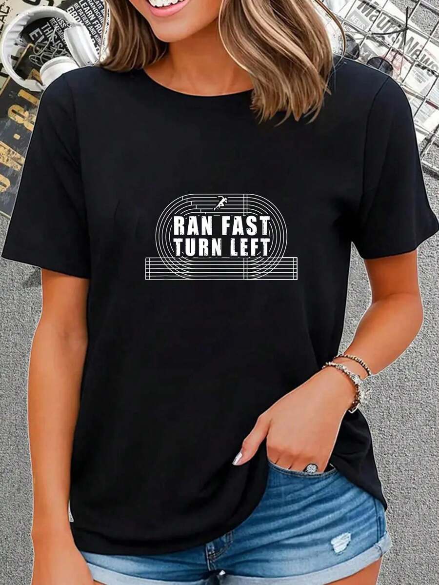 Camiseta divertida con cuello redondo y manga corta para amantes de las pistas y los campos, correr rápido, girar a la izquierda, camiseta con humor deportivo, camiseta gráfica para hombre y mujer - Negro - Ver 1