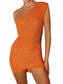 Women's Summer Short Skinny Dress Solid Color Sleeveless One Shoulder Halter Dress - Orange - View 3