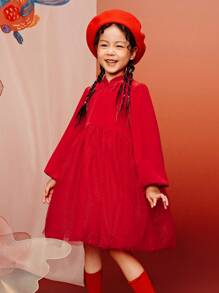 mini bala 女童丝绒网纱连衣裙，新款中国风春季装扮