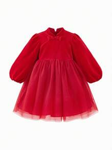 mini bala 女童丝绒网纱连衣裙，新款中国风春季装扮