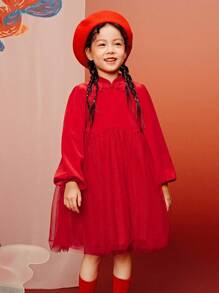 mini bala 女童丝绒网纱连衣裙，新款中国风春季装扮