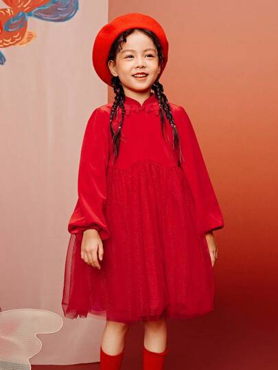 mini bala 女童丝绒网纱连衣裙，新款中国风春季装扮