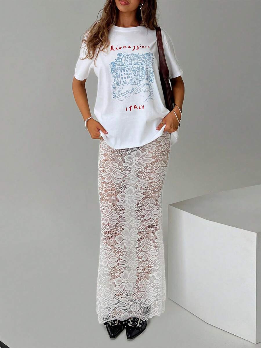 Women's Y2k Lace Maxi Skirt Sheer Lace Maxi Skirt Summe Beach Party Cover-Up Long Skirts Casual Streetwear - trắng - Xem 1