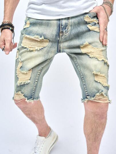 男士时尚紧身破洞弹力牛仔短裤