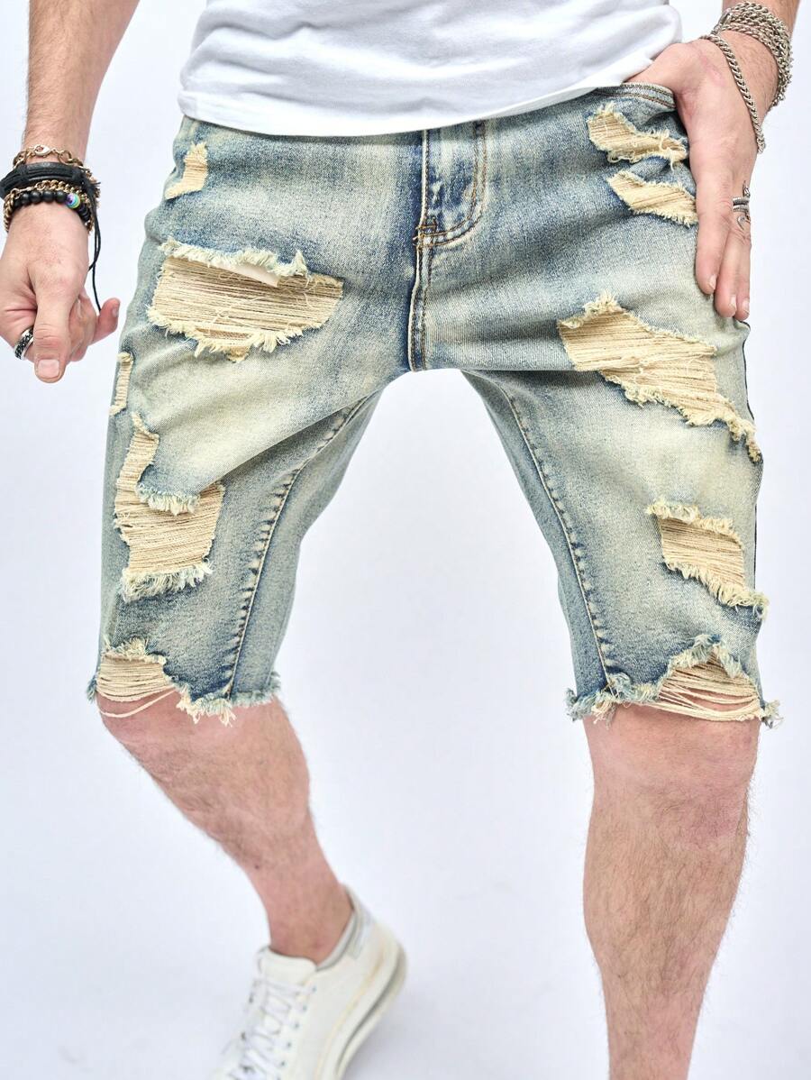 男士时尚紧身破洞弹力牛仔短裤 - 銅色 - 查看 1