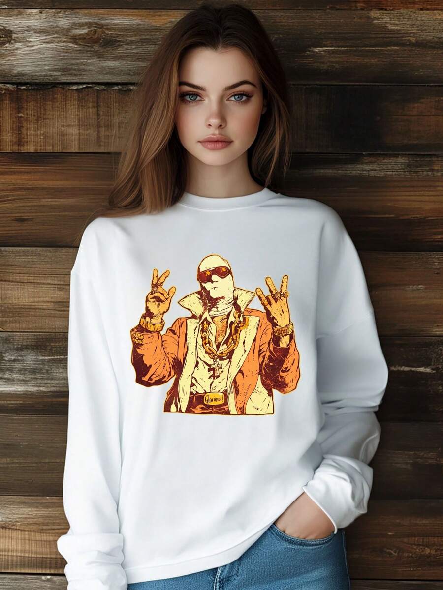 Women Cool Retro Style Skeleton Gold Chain Gang T-Shirt Fashion Print Long Sleeve Round-Neck Loose Fit Tops Streetwear