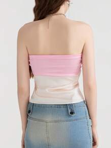 Women's Bow Front Tube Tops Summer Strapless Contrast Color Bandeau Tops Slim Fit Shirts - Pink - View 5