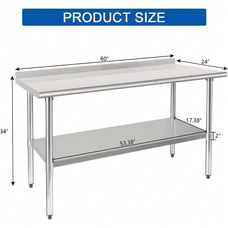 Stainless Steel Table Prep & Work Table 24 X 60 Inches Heavy Duty Commercial With Undershelf And Backsplash For Restaurant Kitchen Home And Hotel - Thép không gỉ - Xem 4