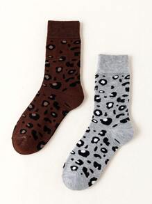 2 双豹纹图案女士时尚个性化中筒袜，适合日常使用