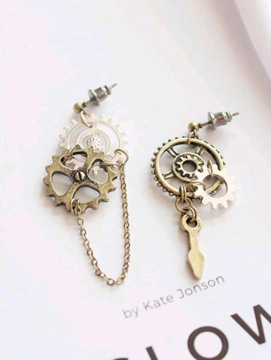 1 par de pendientes estilo steampunk con engranaje, simples y de moda para uso diario casual