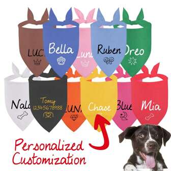 Dog Solid Color Triangle Bibs, Variety Of Patterns Like Flowers, Pawprint, Diamonds, Hearts, Customizable Black Or White Text, Soft & Comfortable Pet Bandana, Suitable For Small/Medium Dogs, 2 Sizes Available