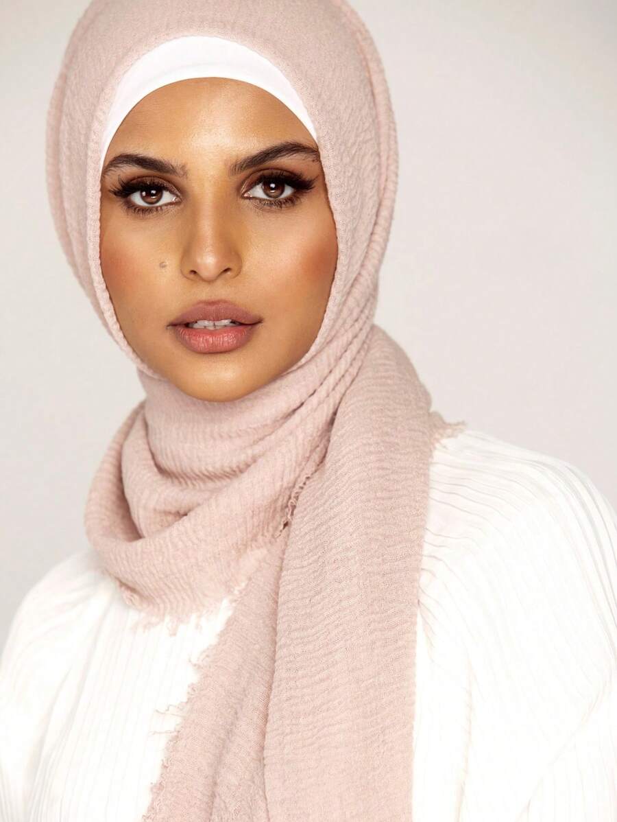 1pc Women's Plain Pleated Basic Solid Color Hijab Soft Headscarf Wrap For Abaya - 81# Beige - View 1