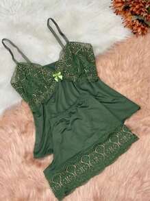 Short Doll Women's Pajama Set/ Two-Tone Lace - Green - View 1