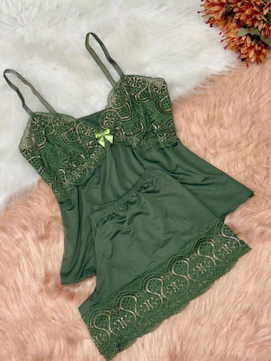 Short Doll Women's Pajama Set/ Two-Tone Lace - Green - View 1