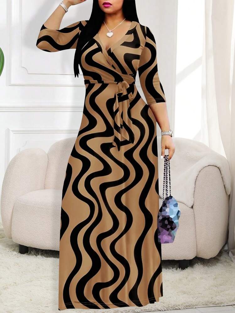 Women's V-Neck Cinched Waist Dress, Short Sleeve, Spring/Summer 2026 Elegant - Bronze - View 4