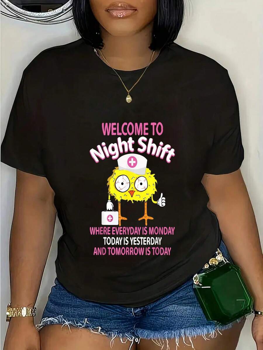 BSN LPN CNA Funny Nursing Chick Welcome To Night Shift Nurse T-Shirt Round Neck Short Sleeve T-Shirt Women's Men's Graphic Tee