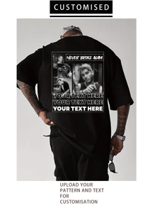 Camiseta casual holgada de cuello redondo personalizada para hombres - Agrega tus propias imágenes (foto familiar/selfie/foto de mascota/foto de amigo/foto de pareja/foto de novia/regalos/logo para parejas/camiseta personalizable para esposo o novio) y tu texto para diseñar tu camiseta impresa personalizada, tops activos personalizados para hombres, deportivos de verano casuales y elegantes en negro - Negro - Ver 3