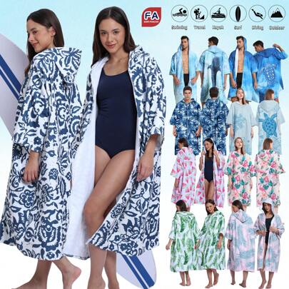 1pc Printed Microfiber Towel Robe, Hooded With Zipper 7/8 Sleeve Adult Unisex Couple Beach Towel Bathrobe For Swimming, Surfing, Travel, Outdoor, Turtle, Whale Shark, Tropical Leaf, Coconut Tree, Watermelon, Flamingo, Ditsy Floral Patterns Summer Wedding Home Bathroom Decor Beach Wear Back To School