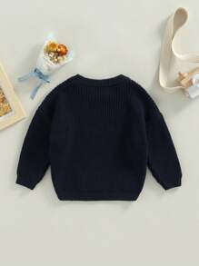 Suéteres de cuello redondo para bebés pequeños, jerseys de punto sueltos de color sólido de manga larga - Azul Marino - Ver 4