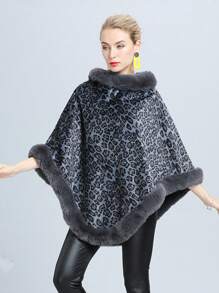 Nuevo poncho con cuello de piel de estilo europeo y americano, con estampado de leopardo y cálido, para otoño/invierno