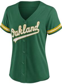 Customized Name And Number DIY Women's Embroidery Baseball Jersey Oakland Green V-Neck Personalized Short Sleeve Button Down Shirts Party Games Training Competition Sports Tops S-Xxl DIY - Green - View 2