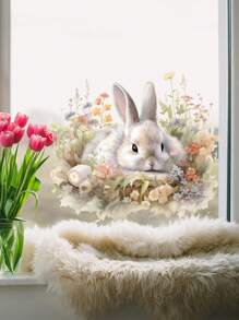 1pc/1set 2pcs Basket Egg Rabbit Window Cling Decal, Creative Home Decor For Living Room Bedroom, Double-Sided Visible Pattern Sticker Easter Gifts Birthday Graduation Stickers