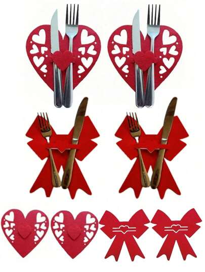 4/2pcs Hollow Heart Cutlery Holder Rack, Bowknot Cutlery Set, Suitable For Wedding Party, Tabletop Decor, New Year, Mother's Day, Birthday Party, Valentine's Day Party Decorations