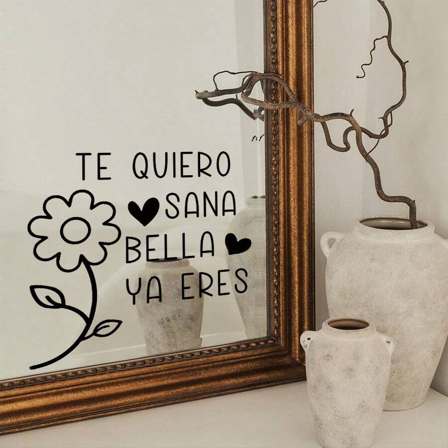 BRUP 1 件 PVC“TE QUIERO SANA BELLA YA ERES”Pep-Talk 艺术字母镜面贴纸，防水，可移除贴花，适用于卧室、客厅和浴室墙壁装饰和家居美学房间装饰家居装饰浴室装饰卧室装饰房间装饰用品客厅装饰家居装饰客厅墙纸个性化贴纸厨房装饰 - 黑色 - 查看 1