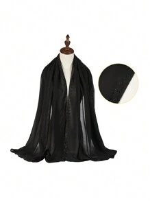 1pc Women's Black Rhinestone Embellished Chiffon Scarf/Neck Wrap, Multifunctional