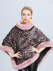 Nuevo poncho con cuello de piel de estilo europeo y americano, con estampado de leopardo y cálido, para otoño/invierno