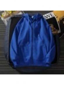 Sweatshirt Open Blouse With Zipper And Hood Cold Winter Plain Coat - Royal Blue - View 1