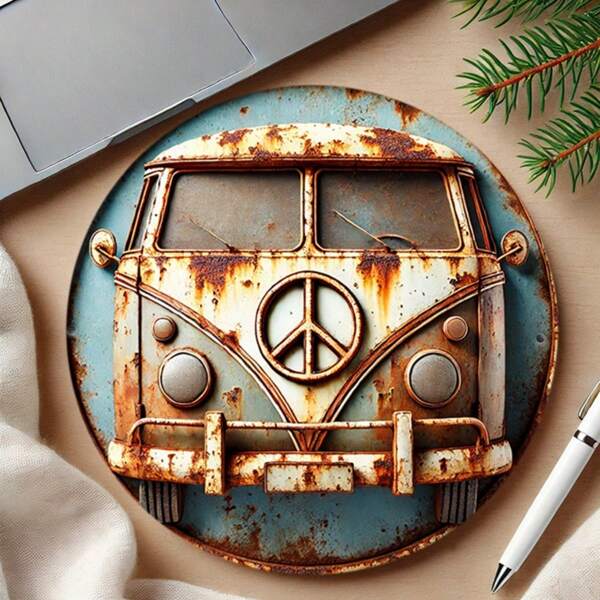1pc Vintage Camping Car & Peace Sign 2D Art 7.8-Inch Round Iron Wall Decor, Rustic Metal Hanging Plaque For Home, Office, Holiday Gifts, Random Hole Position Birthday Graduation