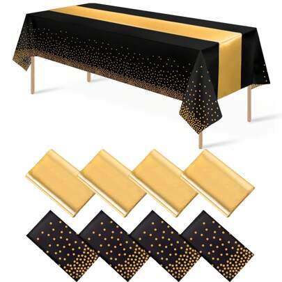 Pacote com 8 toalhas de mesa e caminhos de mesa de cetim, toalhas de mesa com bolinhas pretas e douradas de 137 x 277 cm, caminhos de mesa de cetim dourado de 30 x 277 cm, toalhas de mesa descartáveis de plástico, adequadas para casamentos, aniversários, festas de Halloween, decorações de mesa para festas de Natal, Natal