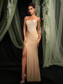 AOSHABABI Elegant Luxurious Apricot Halter Backless Formal Evening Gown (Heavily Embellished) [Exclusive Custom Beaded Fabric, Pleated Hem High Slit Fitted Design] Suitable For All Formal Occasions, Music Festivals, Galas, Weddings, Holiday Parties, Graduations, Cocktail Parties, Dates, Vacations, And Bridesmaid Dresses,Party Dress,Wedding Guest - Apricot - View 8