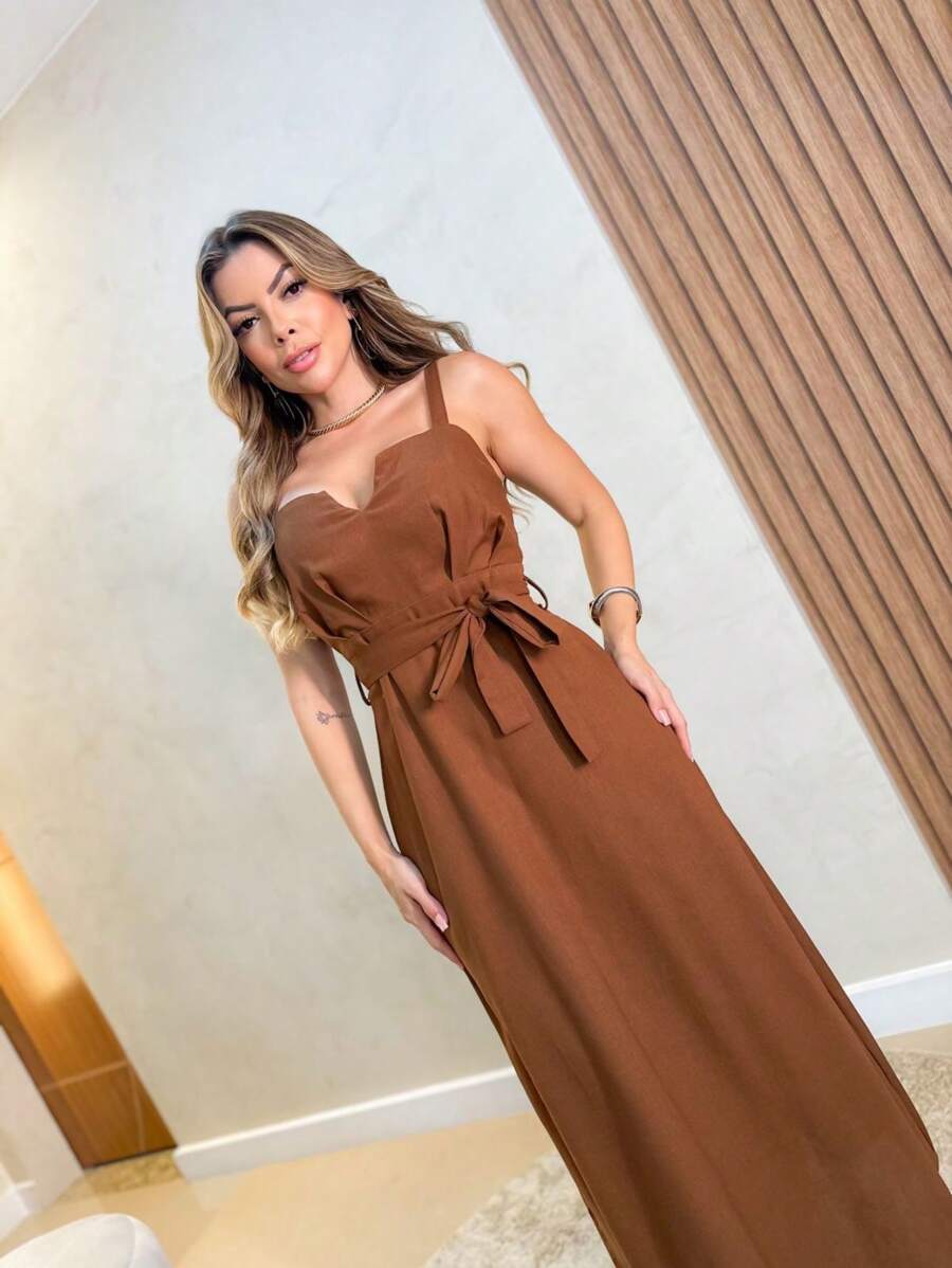 SUNNY FASHION Linen Midi Dress - Rỉ Nâu - Xem 1