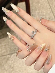 10pcs Dry Leaf Butterfly Style Handmade Press-On Nails, Champagne French Cat Eye Luxury Elegant Butterfly Nail Art Design, Sweet Coffin Shaped Hand Painted Nail Stickers, Reusable For Daily Wear, Suitable For Dates