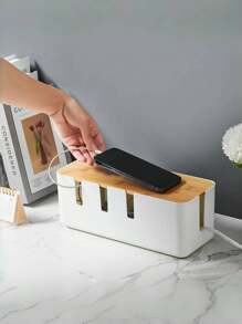 1pc Large Cable Management Box With Wooden Cable Cover, Includes 10pcs Ties And 2pcs Winders, Plastic 7-Hole And 4-Hole Adapter Plug Cable Concealer Box, Spacious Wire Organizer, Socket Protector Hidden Safely Under Desk Or Floor - Great For Home And Office, Gift For Friends, Boyfriend/Girlfriend, Mother's Day, Wedding