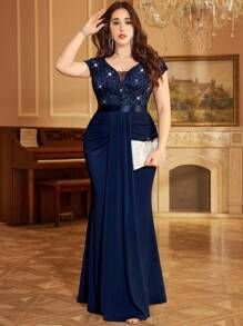 Plus Deep V-Neck Sequin Lace Contrast Ruched Draped Front Mermaid Hem Evening Party Formal Dress, Valentine's Day Dress, Wedding Guest Dress, For Birthday, Dinner, Prom, Festivals - Navy Blue - View 4
