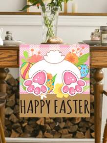 1pc Easter Polyester Table Runner, Happy Easter Table Runner, Cute Pink Checked Rabbit Bunny Easter Egg Pattern Table Cover, Easter Atmospheric Table Runner, Holiday Desktop Decoration, Spring Table Decoration, Easter Decor, Birthday Party Supplies