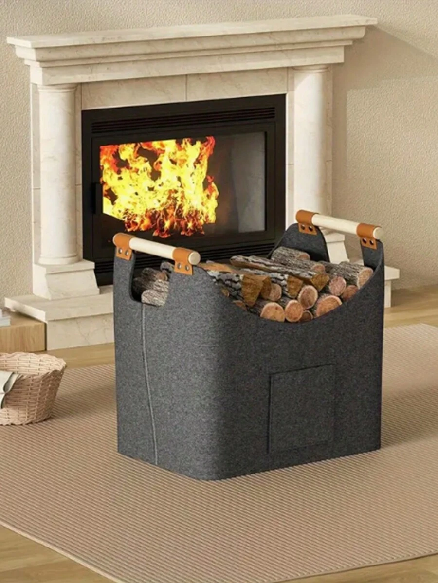 1 Pc Large Capacity Felt Storage Basket With Handle, Foldable Vintage Style Firewood And Newspaper Organizer For Fireplace, Multipurpose Storage Basket, For Firewood, Shopping, Wood, And Newspaper Storage,Plastic Basket,Toy Basket,House Decor,Table Decor,Home Decor Items,Room Decor,Bedroom Decor,Gifts