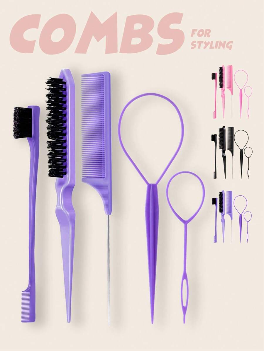 5-częściowy zestaw szczotek do włosów typu slick back z narzędziem Topsy Tail, zestaw szczotek do włosów typu slick back, szczotka do włosów z włosia szczotka do kontroli krawędzi grzebień do czesania włosów dla kobiet i dziewcząt