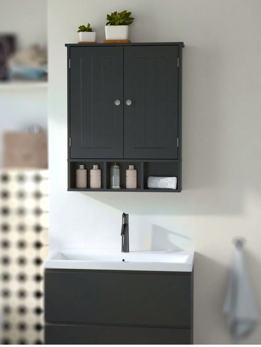 Modern Wall Mounted Bathroom Cabinet With 2 Doors And 3 Open Shelves, Toilet Lockers Above, Adjustable Shelves And Double Doors, Space Saving Storage Box In Bathroom, Open Shelves Above Toilet, Wooden Lockers For Sink And Toilet, Perfect For Bathroom, Laundry, Living Room Home Bathroom Decor Back To School