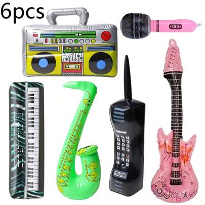 6pcs/Set Inflatable Rock Star Party Favors, Including Inflatable Microphone Stands And Phone Guitar Party Decorations, 80s 90s Theme Accessories