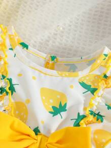 Baby Girls' Cute Yellow Strawberry Print Ruffle Collar Bow Decor Casual Dress, Suitable For Outings In Spring & Summer - Yellow - View 5