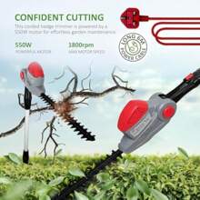 Pole Hedge Trimmer Long Reach Telescope 550W Power 2.7m Extendable Reach 135° Adjustable Head 2-Way Safety Switch Shoulder Strap 10m Cable - White/Red1 - View 2