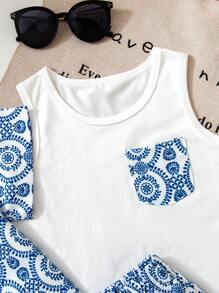 Set de 3 piezas (Camiseta + Camisa + Pantalones cortos) para niño pequeño para vacaciones, con estampado retro azul y blanco, atuendo casual de verano, adecuado para niños de 4 a 7 años, primavera/verano
