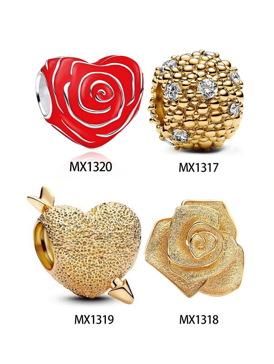 1 件镀金心形串珠首饰，寓意“一见钟情”；1 件红心玫瑰花蕾串珠首饰，寓意“表白爱情”；1 件金玫瑰花串珠首饰；1 件金蜂窝串珠首饰，寓意“甜蜜时刻” - 送给情侣的理想情人节礼物 - 彩色 - 查看 1